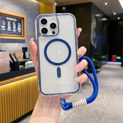 Airbag Shell Magnetic Short Hanging Rope Transparent Magsafe Case for IPhone 16 15 14 13 12 11 Pro Max Plus Shockproof HardCover