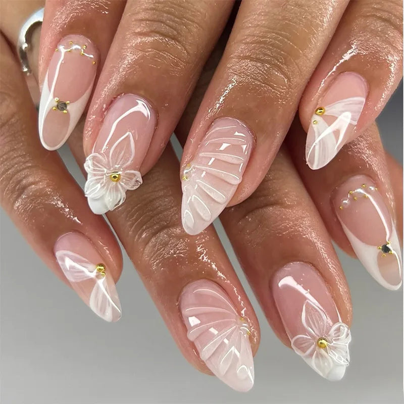 24pcs Mid-length Almond Press on Nails Sets Wearable Gradient Pink Flower Pearl Design False Nail French Fake Nail Finished Tips