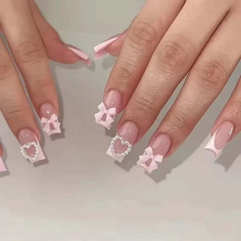 24Pcs Brown Plaid Press on Nails French Bow Spring False Nail Medium Almond Fashion Atmosphere Wearable Nail for Women&Girl