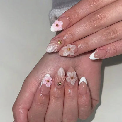 24pcs French Almond Press on Nails Flower False Nails Wearable Stick-on Nails Fake Nail Uñas Postizas Mujer Накладные Ногти 네일팁