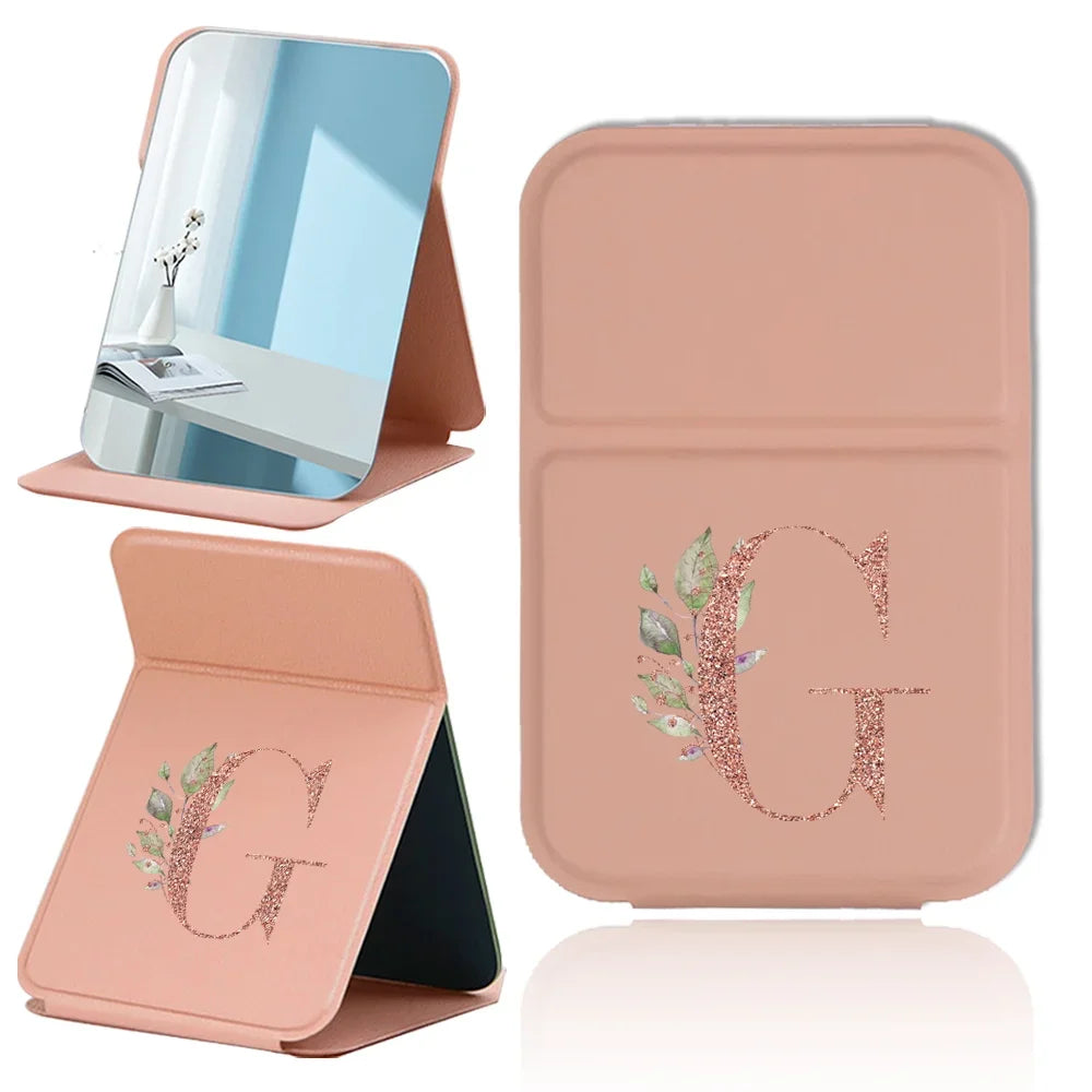 Fold Desktop Makeup Mirror Handheld PU Travel Makeup Mirror Portable Leather Anti Slip Pocket Mirror Rose Gold Letter Pattern