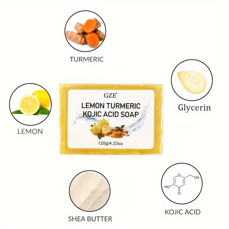 5 Pack GZE Body Restore Lemon Turmeric Kojic Acid Soap, with Shea Butter, For Face Dark Spots, Body, Rejuvenating, Exfoliating