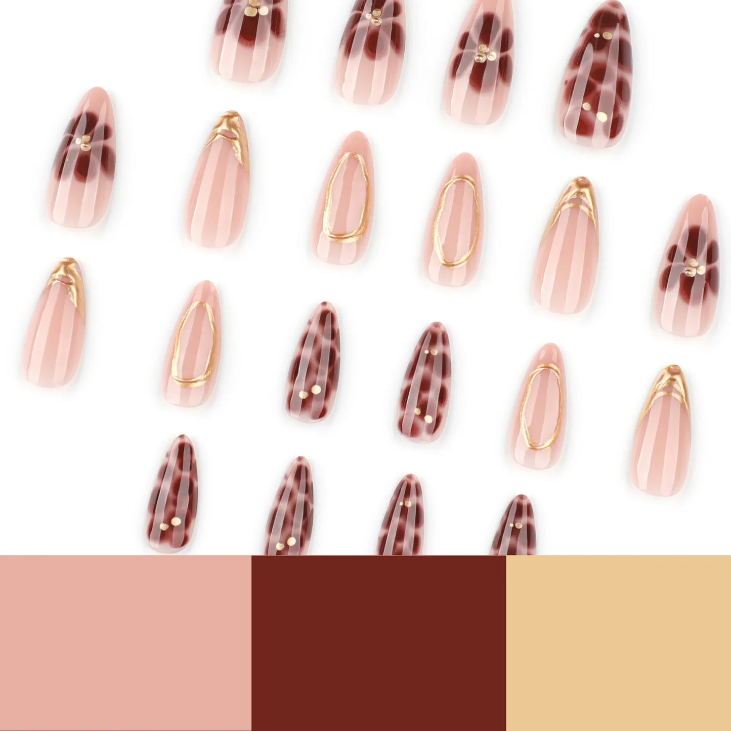 Fashion Brown Flowers Nude Color Nail Art Gold French Almond False Nails Detachable Finished Fake Nails Press on Nails with Glue