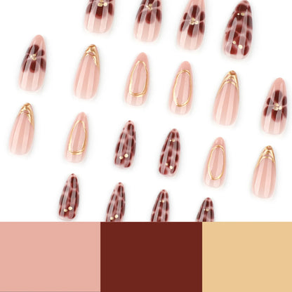 Fashion Brown Flowers Nude Color Nail Art Gold French Almond False Nails Detachable Finished Fake Nails Press on Nails with Glue