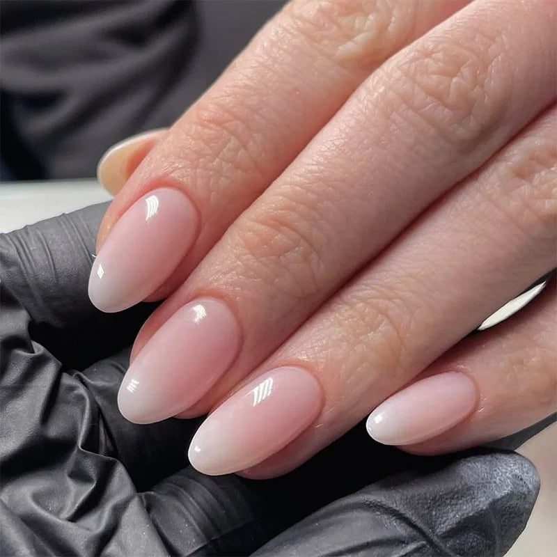 24pcs French Simple Fake Nails Ins White Edge Nude Color False Nail Tips Almond Stick on Nail Patch for Girl Lady Manicure Tools