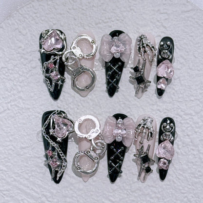 10Pcs Black Handmade Press On Nails Coffin Fake Nails Full Cover Gradient Metal Contrast Artificial Manicure Wearable Nail Tips