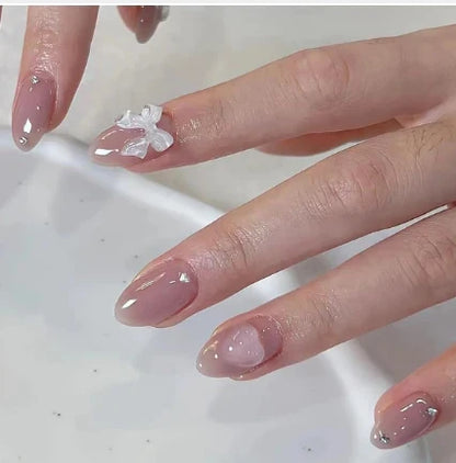 24Pcs Almond White French Press on Nails Pearl Bow False Nail Short Rhinestones Removable Nail stickers for Women and Girls
