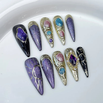 10pcs Stiletto Almond Press On Nails Dark Blue Cat Eye y2k False Nails With 3D Design Artifical Detachable Full Cover Nail Tips