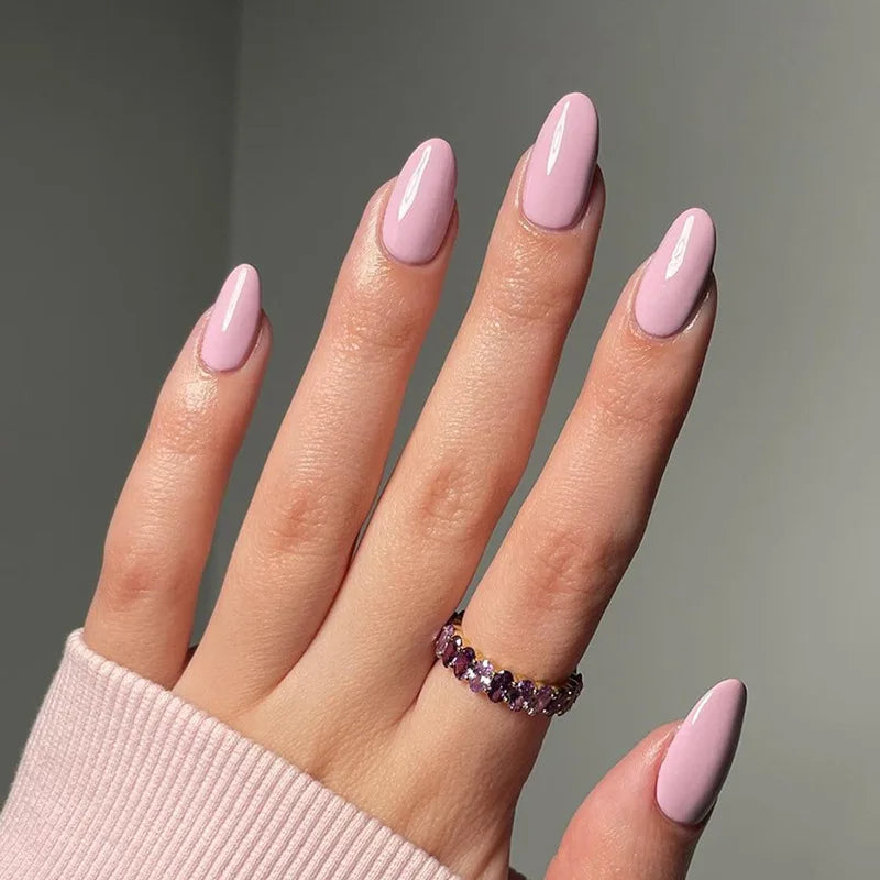 24Pcs Simple Wine Red Fake Nail with Glue Mid-length Almond Press on False Nails Wearable Round Head Oval Full Cover Nail Tips