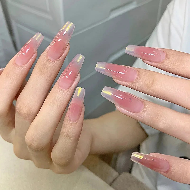 Long Coffin Press on Nails Nude Color Ballerina Fake Nails Light Pink Charms Manicure Women Girls Full Cover False Nails Tips
