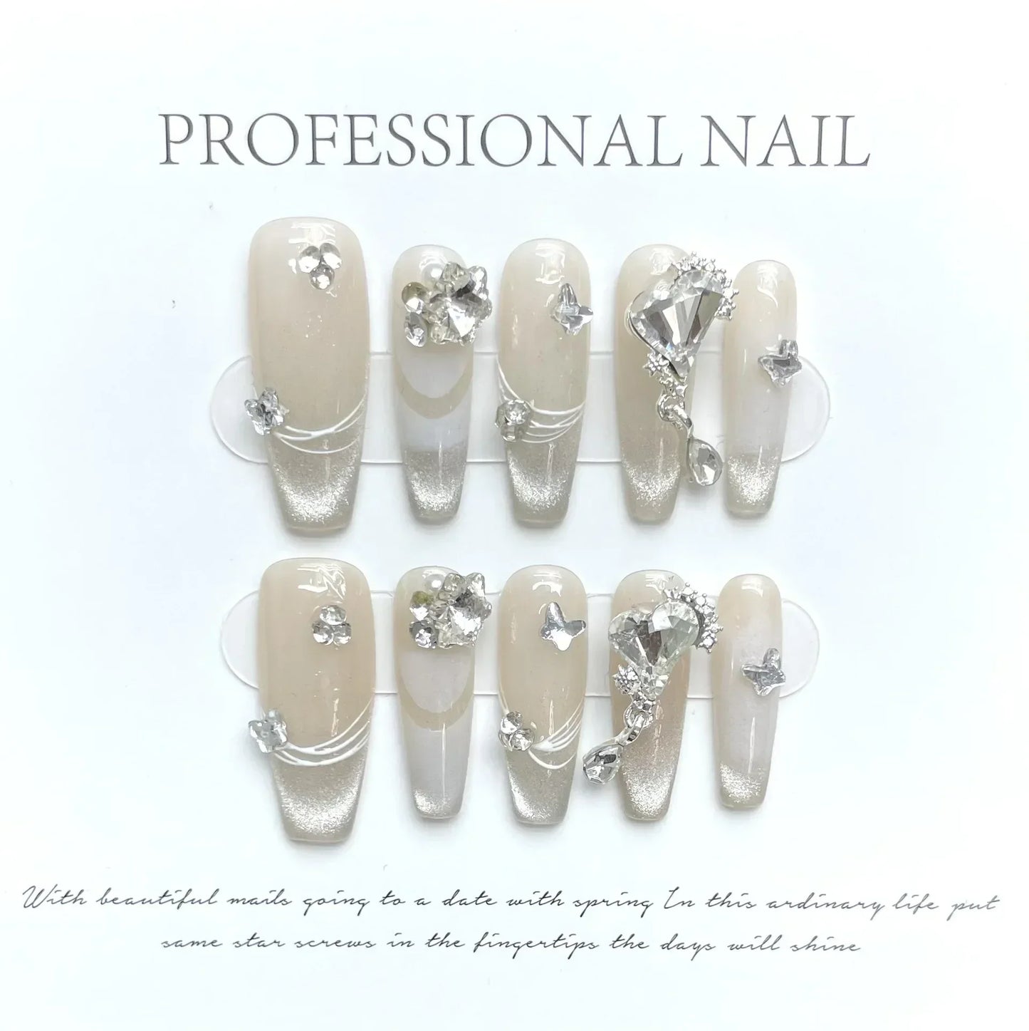 10Pcs Handmade Press on Nails Long Ballet Blue Fake Nails with 3D Ocean Moon Rhinestone Design False Nails Full Cover Nail Tips