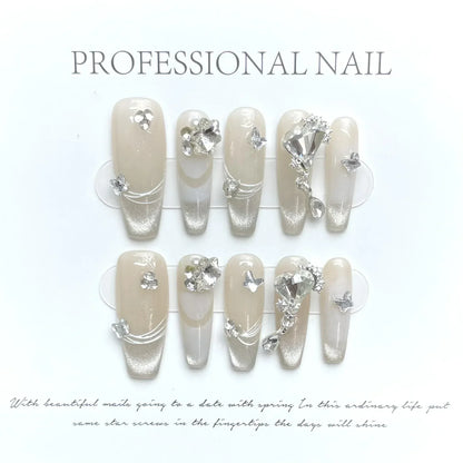 10Pcs Handmade Press on Nails Long Ballet Blue Fake Nails with 3D Ocean Moon Rhinestone Design False Nails Full Cover Nail Tips
