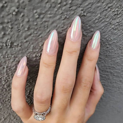 24Pcs Solid Color Grey Almond Fake Nail Cat's Eye Design Wearable Round Head False Nails with Shiny Powder Press on Nails
