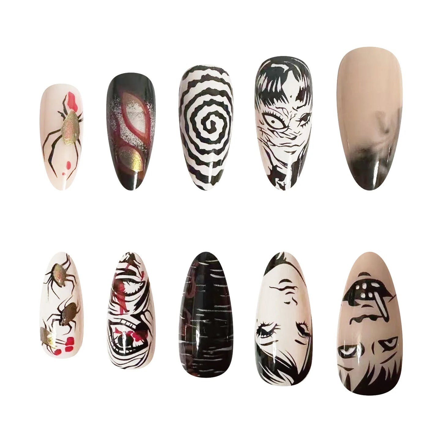 24pcs Black Spider Fake Nails y2k Punk Style Girls Painted False Nails Full Cover Wearable Japanese Almond Press On Nails Tips