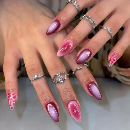 24Pcs Cyber Punk Style Almond False Nails Press on Pink Blush Full Cover Fake Nails 3D Ombre Wearable Acrylic Nail Manicure Tips