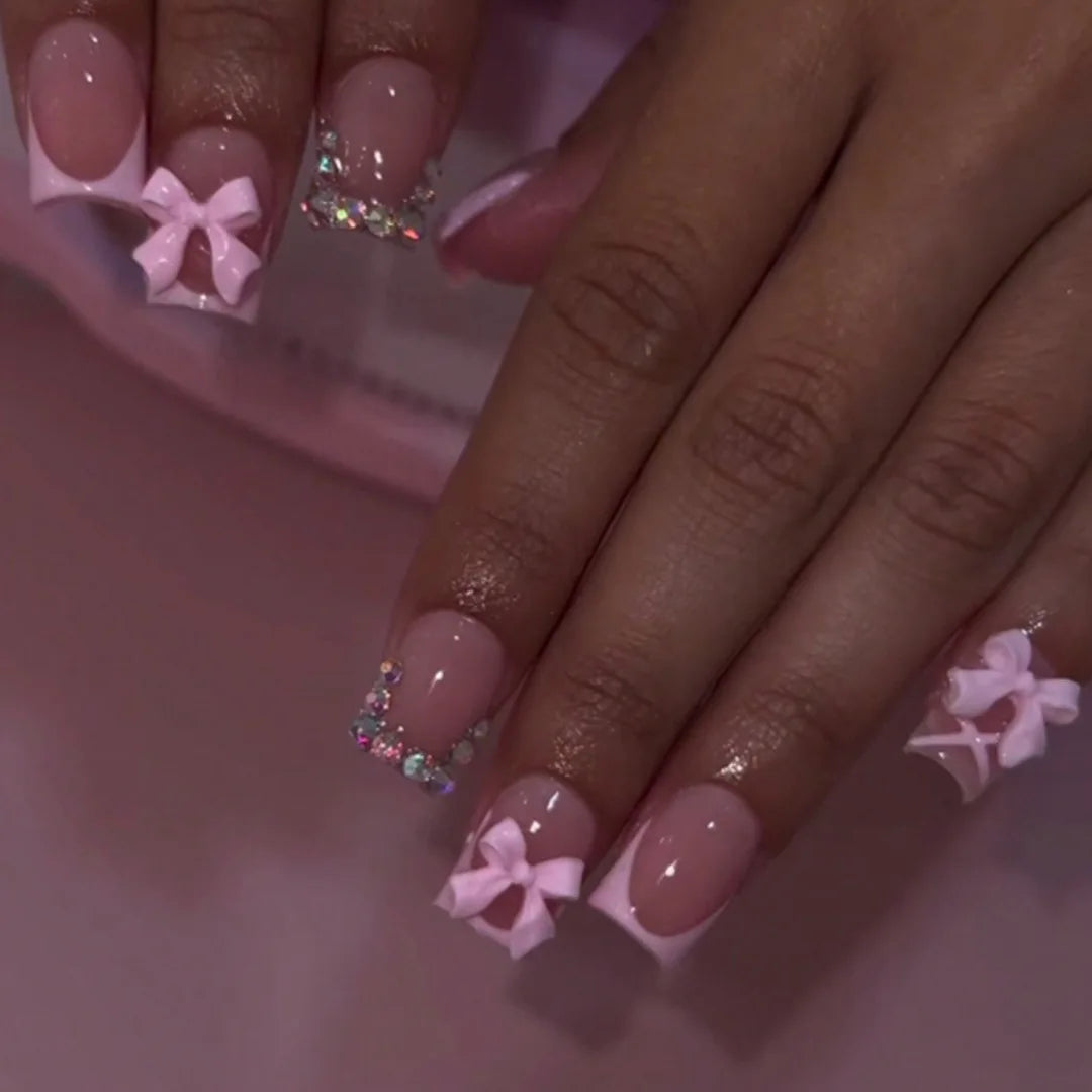 24Pcs Pink French Style Fake Nails 3D Bowknot Designs Short Square Press on Nails Sweet Korean Fashion False Nail for Women Girl