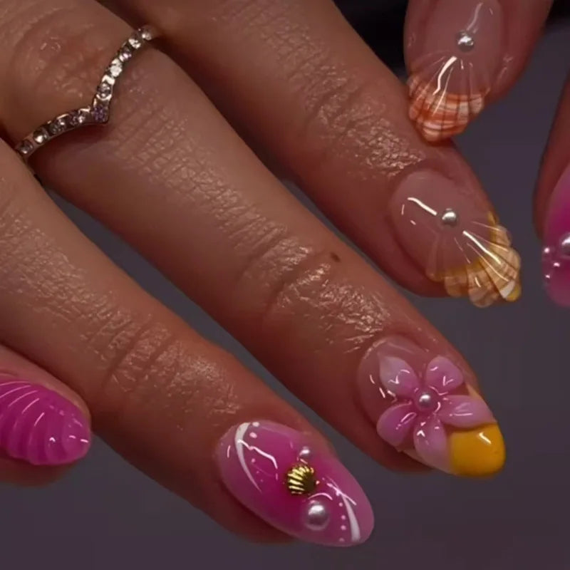 24pcs Almond False Nails Tips Summer Beach Colorful Nails Sets with Pearl Flower Design Press on Nails Art Wearable Fake Nail