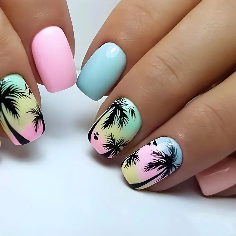 24pcs Short Square Press on Nails Jade Flower Sparkling Powder Designs Fake Nails with Glue Green Gradient Full Cover Nail Tips