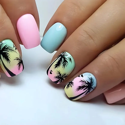 24pcs Short Square Press on Nails Jade Flower Sparkling Powder Designs Fake Nails with Glue Green Gradient Full Cover Nail Tips