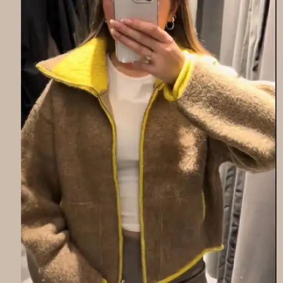 Fashion Contrasting Knitted Cardigan for Women Elegant Long Sleeve Pockets Zipper Sweater 2026 Spring Street Lady Chic Outwear