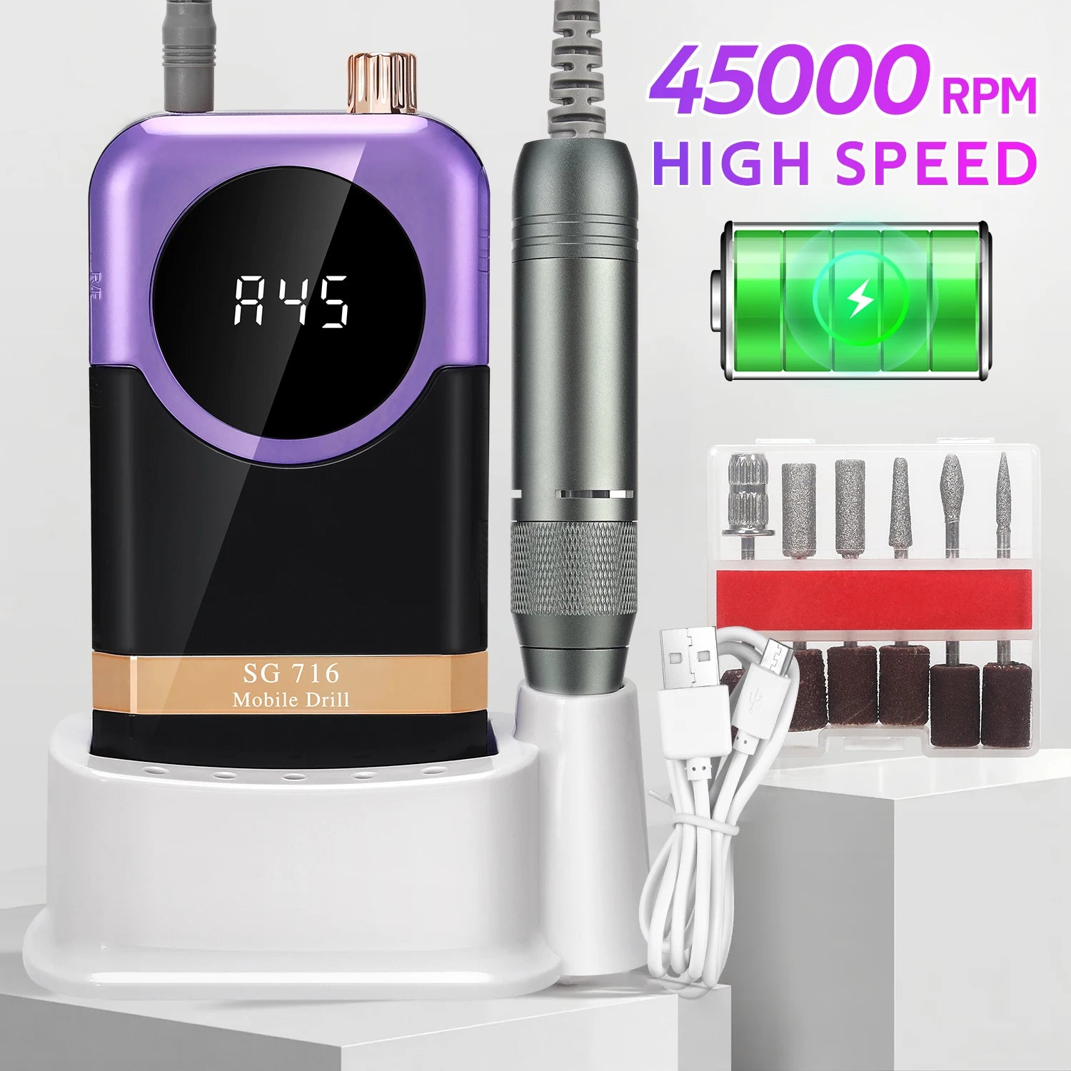 DianaBeauty 45000RPM Rechargeable Nail Drill Machine Desktop Polishing Machine Electric Nail File 1800mAh Battery Nail Tools