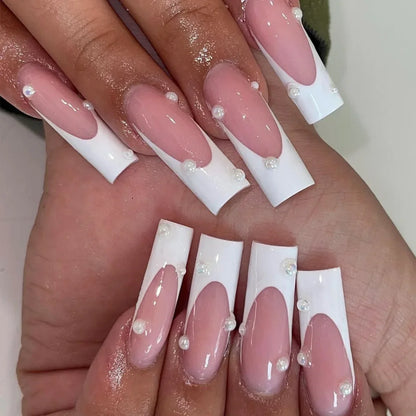 24Pcs Long Square False Nails Simple White French Fake Nails Wearable Ballet Coffin Full Cover Nail Tips Acrylic Press on Nails