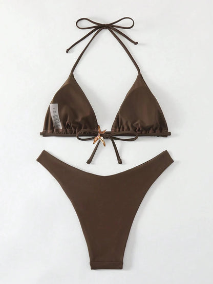Sexy Bikini Set Solid Swimsuit Women Beachwear 2026 Thong Micro Bikinis Female Swimwear High Cut Neck Bathing Suit Beach Biquini