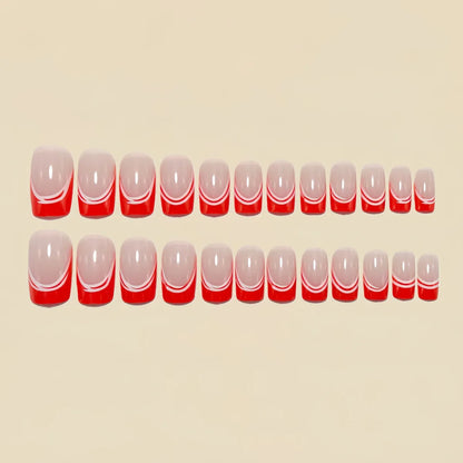 24pcs/set Medium fake nails for women girls white red golden french frame strips Square almond nail tips press on false nail art