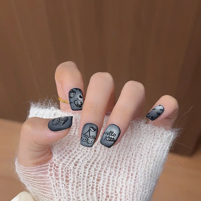 10PCS Summer BrownThe Polka Dot Cat's Eye Short Nail Art Hello Kitty Cute Notes Handmade Acrylic Fake Nail Gift