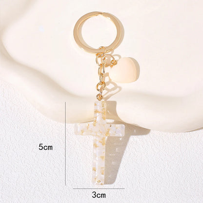 Resin Cross Keychain for Women - Chic Fashion Resin Heart & Tassel Key Ring, Christian Religious Key Pendant for Backpack Purse,