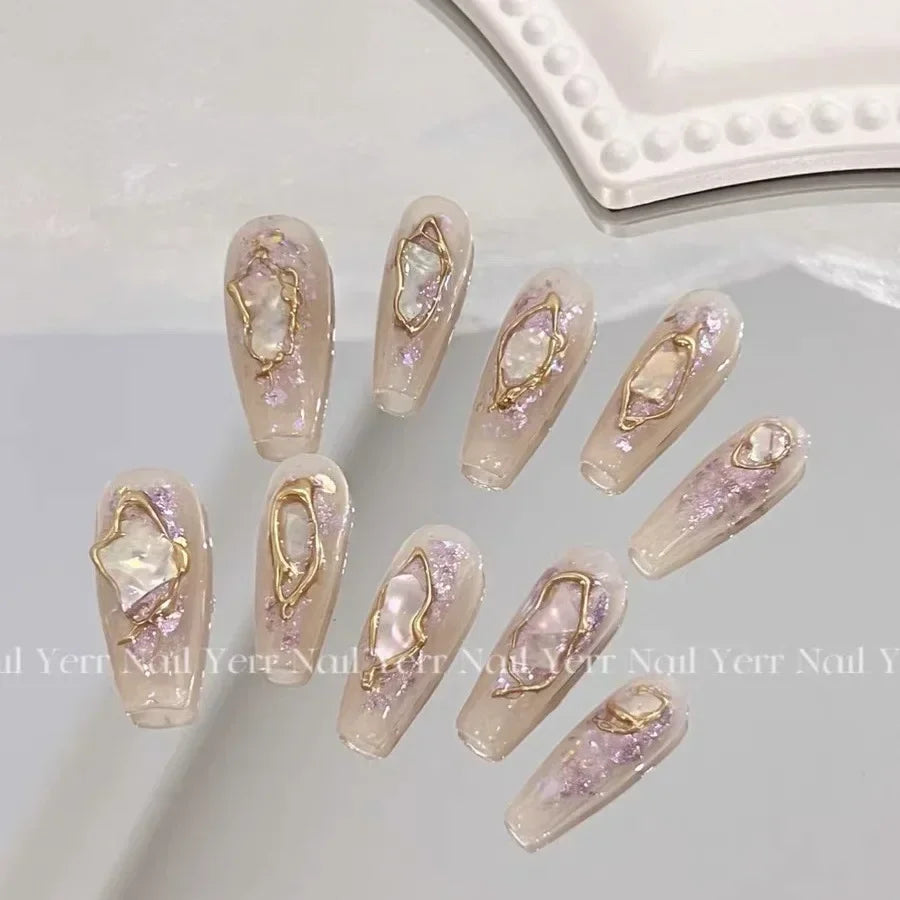 10Pcs Handmade Press on Nails Long Ballet Blue Fake Nails with 3D Ocean Moon Rhinestone Design False Nails Full Cover Nail Tips