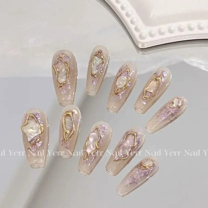 10Pcs Handmade Press on Nails Long Ballet Blue Fake Nails with 3D Ocean Moon Rhinestone Design False Nails Full Cover Nail Tips