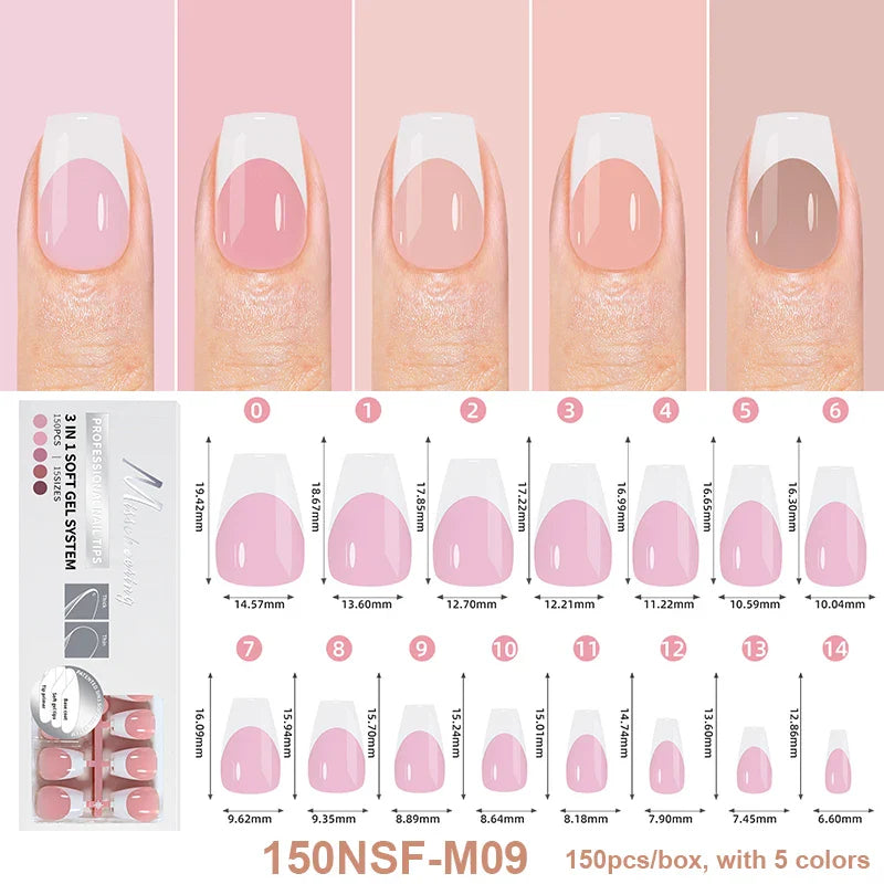 150Pcs/Box Acrylic Press on Nails Full Cover Fake False Tips Soft Gel Extension T-shaped Oval Capsule Almond Sculpted Salon DIY