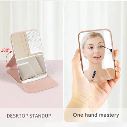 Fold Desktop Makeup Mirror Handheld PU Travel Makeup Mirror Portable Leather Anti Slip Pocket Mirror Rose Gold Letter Pattern