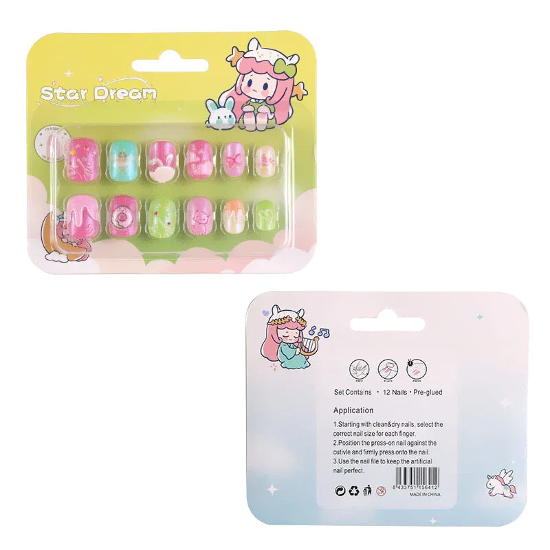 12pcs/Box Children Acrylic Fake Nails Safe Non-Toxic Adhesive Fake Nail DIY Artificial Fingernails for Girls Children's Day Gift