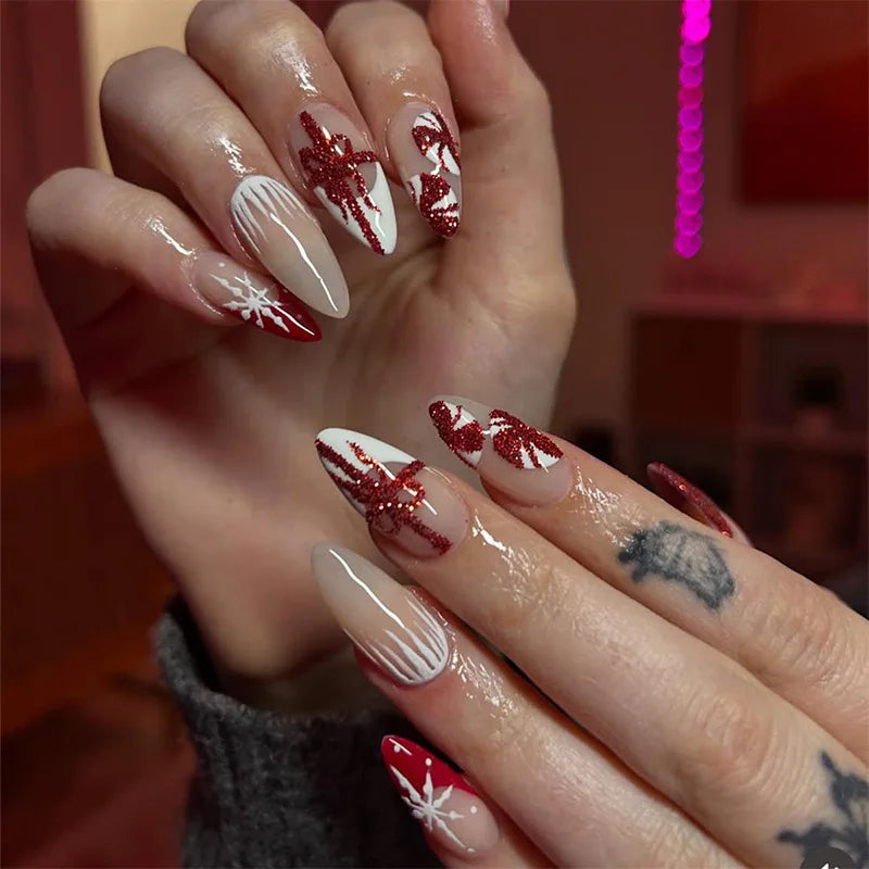 2025 Christmas Press on Nails Red/Green French Almond Shiny Fake Nails for Women Girls Manicure Wearable INS Simple False Nails