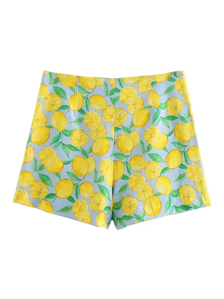 2024 Women Yellow Lemon Print Casual Shorts Y2k Woman Fashion Summer High Waist Zipper Slim Shorts For Beach Party