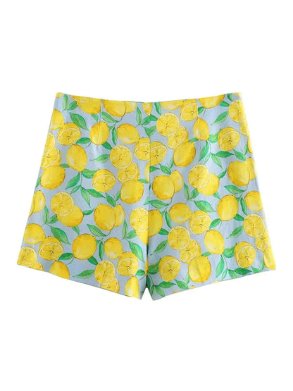 2024 Women Yellow Lemon Print Casual Shorts Y2k Woman Fashion Summer High Waist Zipper Slim Shorts For Beach Party