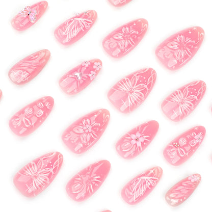 24pcs Sweet Pink Fake Nail Patches Blush 3D Bows Flower Pearl Buttertfly Press On Nails Wearable Almond Korean False Nail Tips