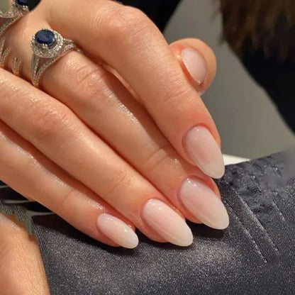 24Pcs Long Almond Fake Nails with White Edge Design Wearable French Press on False Nails Simple Full Cover Nail Tips Manicure
