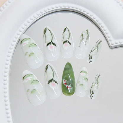 24pcs Summer Fresh Green Press On Naills Lotus Flower Gold Fish Pattern Printed Fake Nails Glossy Almond Detachable False Nail