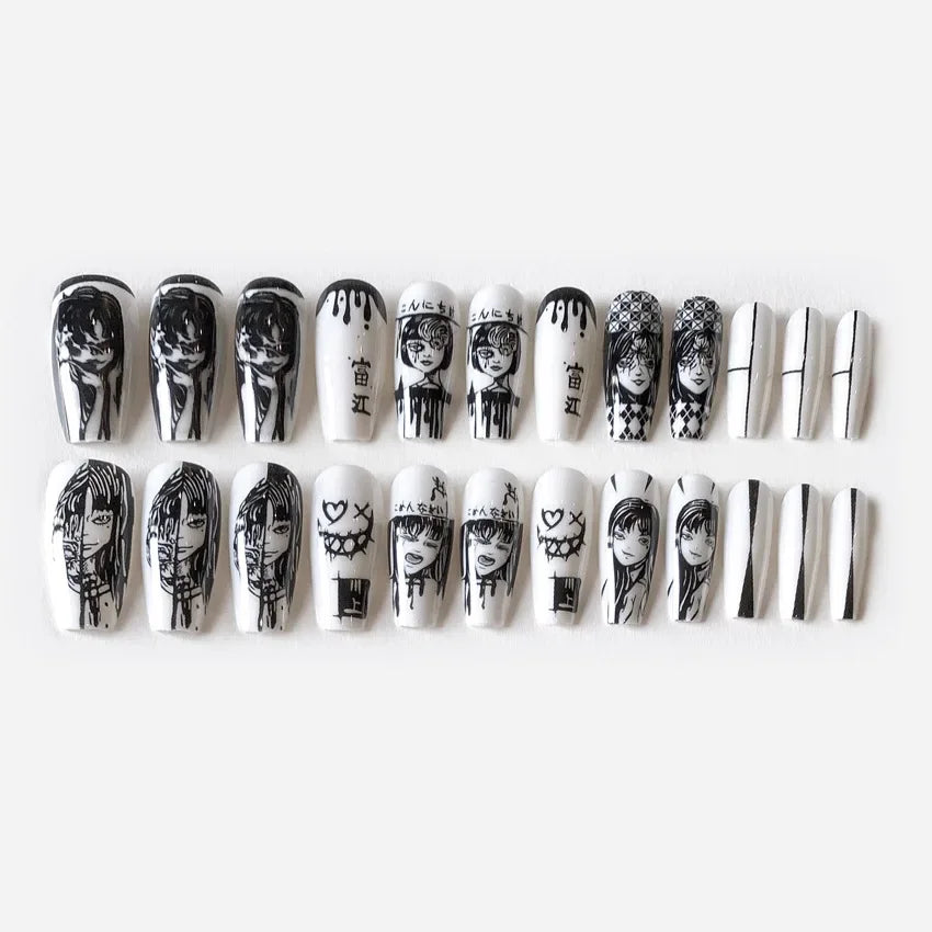 24Pcs Horror Comic Tomie Press on Nails Almond Glossy Black Japanese Anime Nails Reusable Halloween False Nail Tips for Girls