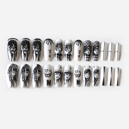24Pcs Horror Comic Tomie Press on Nails Almond Glossy Black Japanese Anime Nails Reusable Halloween False Nail Tips for Girls
