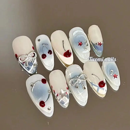 10pcs French Almond Press on Nails Flower False Nails Wearable Stick-on Nails Fake Nail Uñas Postizas Mujer Накладные Ногти 네일팁