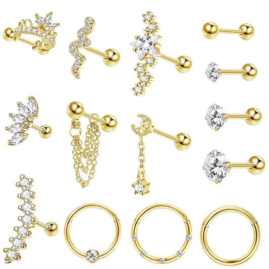 Drperfect Stainless Steel Stud Earrings for Women Men Star Moon Snake Cartilage Screw Back Earring Helix Piercing Jewelry