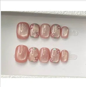 10Pcs/Set Press On Acyrlic Ice Cat's Eye Handmade Fake Nails Short/Medium Almond 3D Mirror Flower Pearls Decor Nude French Nails