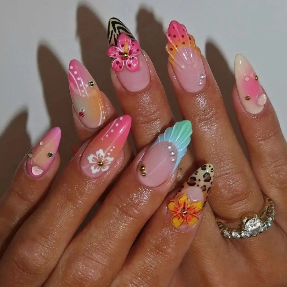 24pcs French Almond Press on Nails Flower False Nails Wearable Stick-on Nails Fake Nail Uñas Postizas Mujer Накладные Ногти 네일팁