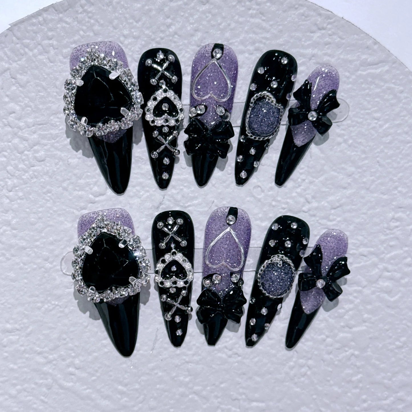 10Pcs Black Handmade Press On Nails Coffin Fake Nails Full Cover Gradient Metal Contrast Artificial Manicure Wearable Nail Tips