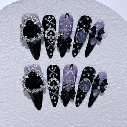 10Pcs Black Handmade Press On Nails Coffin Fake Nails Full Cover Gradient Metal Contrast Artificial Manicure Wearable Nail Tips