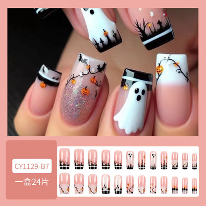24pcs Simple Almond Press on Nails Cute White Ghost Bat Decor False Nails Wearable Reusable Spicy Cool Halloween Fake Nail Tips